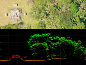 At the top is an aerial image of a reconstructed temple at Ceibal. At the bottom is the same area, mapped by thousands of individual laser points. (Image courtesy of Takeshi Inomata) At the top is an aerial image of a reconstructed temple at Ceibal. At the bottom is the same area, mapped by thousands of individual laser points. (Image courtesy of Takeshi Inomata)